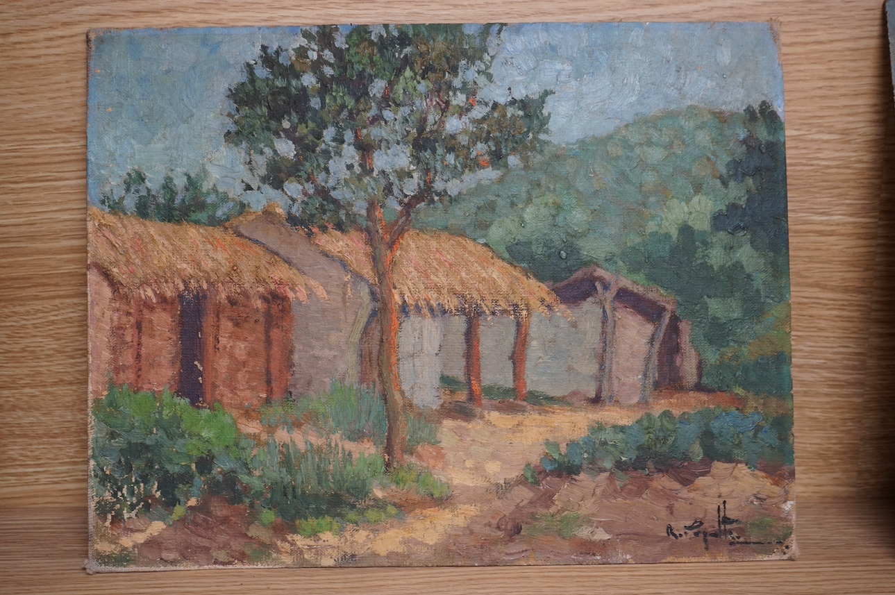 Impressionist oil on canvas board, Village settlement, indistinctly signed lower right, unframed, 27 x 34cm. Condition - fair